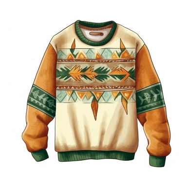 isolated illustration on a white background, a hyper realistic camping sweater rich green and beige warm colors , Clipart, watercolor realistic and highly detailed, natural realistic warm colors