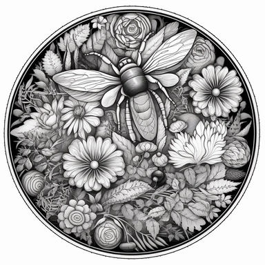 flowers and beetles contained in a circle frame fine lines clipart black and white coloring page highly detailed 4k