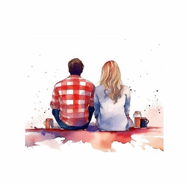 American girl and her boyfriend of 2 watching Fourth of July fireworks, sitting on blanket, view from behind, clipart, watercolor vector beautiful, isolated on white background