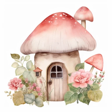 Watercolour light pink mushroom house clipart with roses, no text