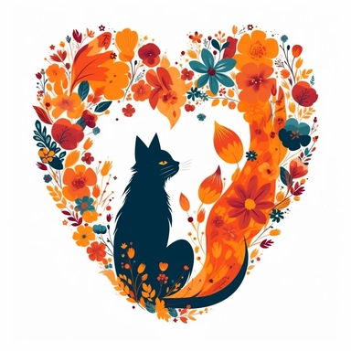 shaggy cartoon style cat in the center of vibrant colored boho style flowers in a heart shape border, silhouette vector flat simple identification symbol white backround white background minimalistic clipart png svg
