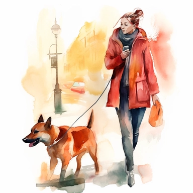 Somebody walking in the street taking the dog out and talking on the cell phone. A happy, surprised, watercolour sketch, vivid colors, minimal background scene, without background, with the possibility to cut the main scene as if it were clipart