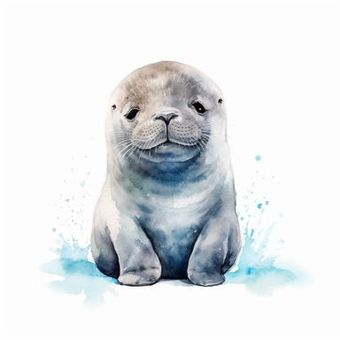 cute baby arctic walrus watercolor clipart, minimalist,white background,