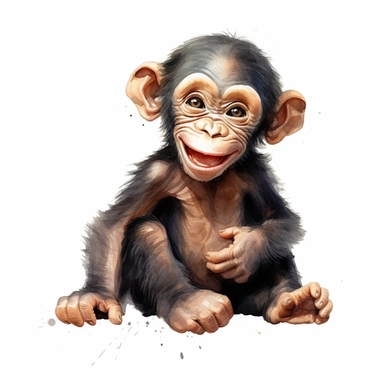 clipart full body friendly watercolour cute little baby chimpanzee smiling, realistic, detailed, white background, contour