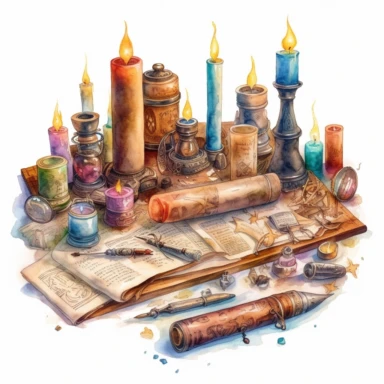 various magical scrolls on an old magical wodden table, some spread and others rolled up, filled with magic symbols on them, surrounded by candles, other magical items. Clipart Watercolor, , highly detailed, glow, 8k, white background, no caption