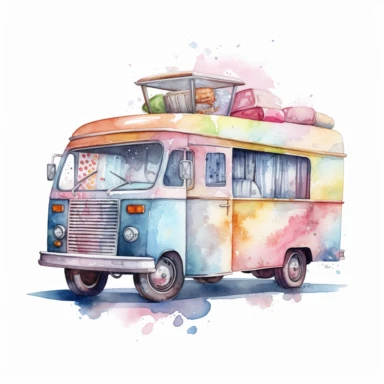 watercolour clipart of an ice cream truck, isolated, white background
