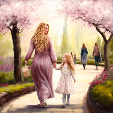 beautiful young pregnant mother with long beautiful blonde hair and toddler daughter with beautiful ong auburn hair holding hands walking in park, flowering trees, path lined with benches, highly detailed, realistic, fantasy, ethereal, soft colors, sharp focus, clipart style , Tranquil Finesse. Refinement and allure in every glance, Hair that cascades like a waterfall, Turquoise and pink tints in symphony, Purple blossoms and fresh vibe enthral.