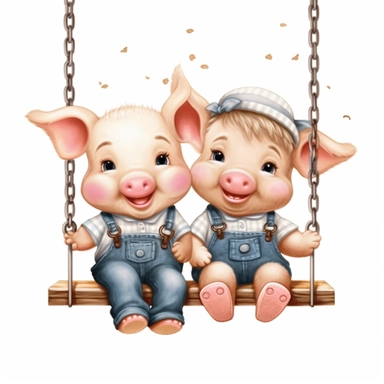 Cute Beautiful Happy Face Couple Baby Pig sit on a swing Sublimation Clipart, Cartoon, hyper realistic, intricate detail, illustration style, high solution, on the white background