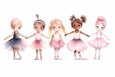 Watercolor clipart collection of cute little girl ballerinas standing individually, dancing in different poses. Different coloured hair and skin, Wearing pink dress with tutu, ballet shoes, pink headband with little bow, isolated elements on a white background with a wide margin