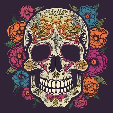 Create a clipart-style illustration of a skull with a Grateful Dead-inspired design, where colorful images resembling tattoos are placed only on the skull itself. The skull should have a joyful expression, as if it's laughing, and incorporate a few flowers around or on it. Begin by sketching the outline of the skull, focusing on its key features like the eye sockets, nasal cavity, and jawline. Keep the lines simple and clean, adhering to the clipart style. Within the boundaries of the skull, pla