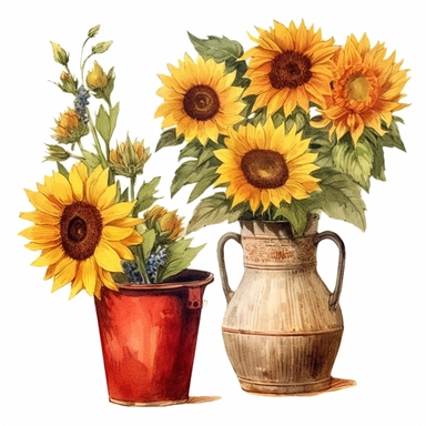 wild grown sunflowers in different types of containers with white background, beautiful and vibrant colors with mythical elements, clipart, high resolution, high definition