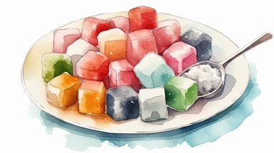 Watercolor clipart with white background, cute sugar cubes on a small plate , cute and adorable, flat design, clearly defined separated image, high quality