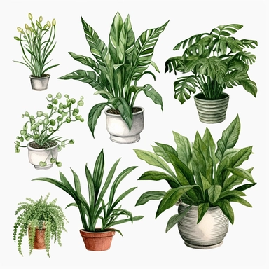 BOSTON FERN, DWARF DATE PALM, SPIDER PLANT, CHINESE EVERGREEN, DEVIL’S IVY, BROADLEAF LADY PALM, PEACE LILY, BARBERTON DAISY, watercolor, Object, vector collection, clipart, 8k, white background.