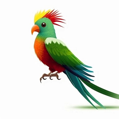 cartoon Quetzal bird with short yellow hair, green head, green chest and green feathers with a long tail, a red belly leading to a white bottom modern clipart vector, white background, no outline