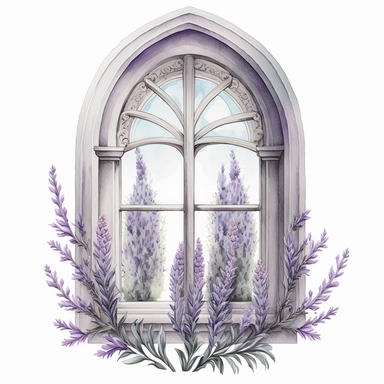 watercolor realistic detailed lavender church window clipart, white background, no text