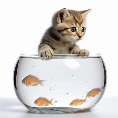 Visualize a curious clipart kitten with wide eyes and a raised paw, peering over the edge of a fishbowl, filled with anticipation and wonder against a white background.