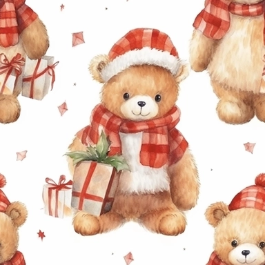 Seamless pattern, Watercolor realistic clipart, christmas teddy
