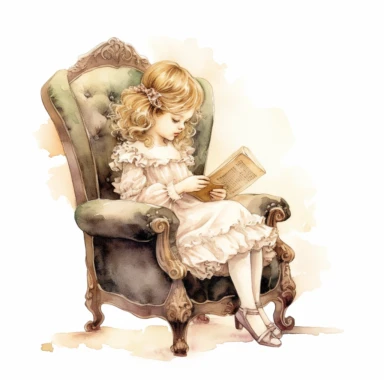 victorian vintage adorable little girl reading book on a vintage chair, full body, pastel beige colors, clipart style, watercolor technique, super high quality, professional watercolor clipart, high resolution, 8k