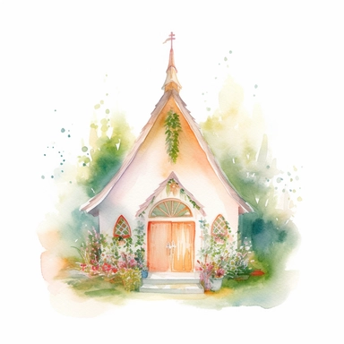 watercolor painting of wedding chapel clipart on plain white background, painted in the style of chiho aoshima