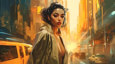 beautiful stunning pretty vintage, futuristic bladerunner style young woman, paint art style, clipart, city landscape background, superrealistic, one of a kind