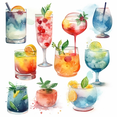 Create a collection of elegant watercolor cocktail clipart images, not overlapping, that capture the essence of classic cocktail culture. The medium should be watercolor illustrations. The style should be modern, yet classic, incorporating a soft color palette and fluid brushstrokes. Use a mix of close-ups and wide-angle shots to showcase each cocktail, paying special attention to the garnishes and unique features of each drink. Highlight popular cocktails such as the Old Fashioned, Martini, and