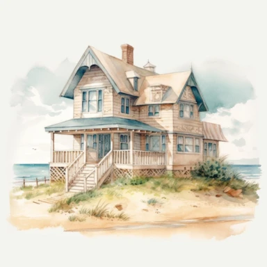 illustration of a beach house with the ocean view on a sunny day, by Beatrix Potter, Sublimation graphics, watercolor clipart, pastel colors, single design, 8k, print on demand image, PNG transparent background