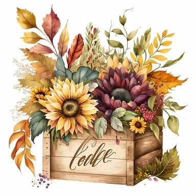 vibrant colours, white background, no text, An animated watercolor clipart showcasing A rustic wooden crate holding a harvest-themed arrangement of autumnal flowers like sunflowers, dahlias, and goldenrod, capturing the essence of fall.