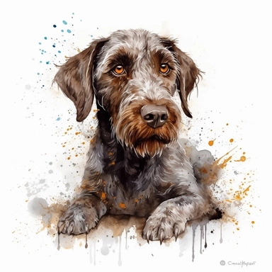 cute Slovakian Wirehaired Pointer dog portrait, full face, centered shot, side shot, lying, in action, playful mood, happy mood, playing mood, cute face, adorable smile, childlike eyes, clean watercolor illustration, white background, nursery baby imagery, painting, detailed, 8k, PNG, clipart,