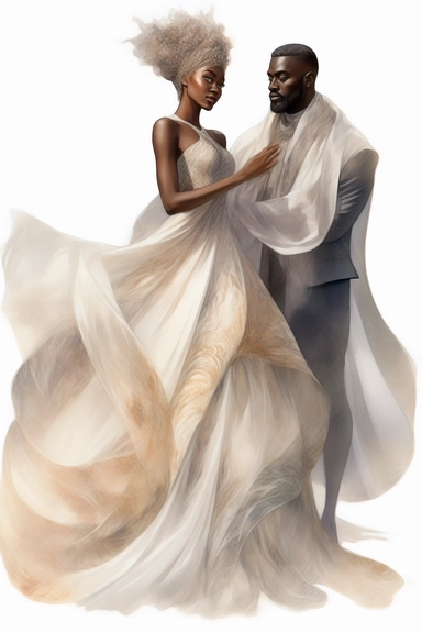 amazing detailed watercolor clipart of a beautiful black woman bride and groom, the woman with a beautifully detailed Heavenly draping baroque-inspired haute couture gown on a beautiful young woman stunning seraphim posing a classical fashion setting and