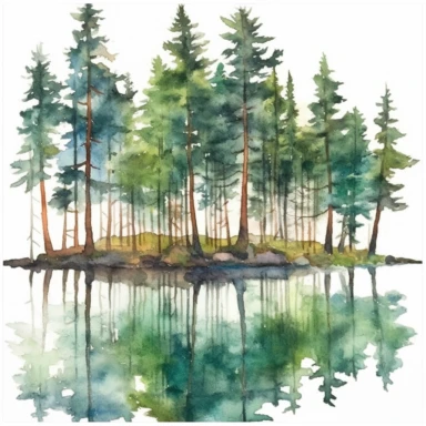A watercolor painting of beautiful Lakeside Pine Trees Clipart by the best 10 artists in the world, isolated on white background, no text,
