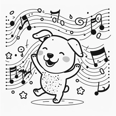 a happy dancing dog, surrounded by music notes and party elements. cute, clipart, flat 2d vector, minimalist, black and white, kids cartoon, svg cut file, line art drawing