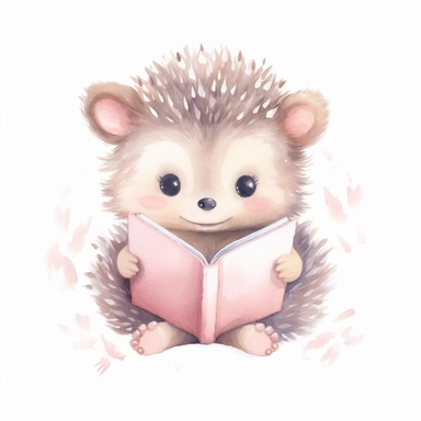 Watercolor svg clipart of a cute cartoon adorable baby hedgehog reading a book kawaii animal, illustration by chonnieartwork, pastel pink, png isolated on white background