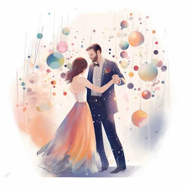 Illustration on solid white background of a newlywed couple sharing their first dance, surrounded by pastel-colored decorations and twinkling lights. The bride and groom are lost in each other's eyes, moving gracefully to the rhythm of the music. The composition of the clipart is romantic and enchanting, with soft shading and gentle colors creating a magical atmosphere award winning