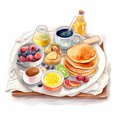 Breakfast in bed, Breakfast in bed is a classic Mother's Day tradition, draw a tray of delicious breakfast foods, such as pancakes, fruit, and coffee, clipart, mother's day, cute colors, watercolor style, high resolution, white background