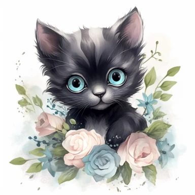 super cute newborn baby black kitten clipart with huge cute baby blue eyes extremely happy excited smiling mouth painted in watercolor style, splashes, muted pastel blush pink and muted pastel sage green and muted pastel sage blue eucalyptus and peony flowers, white background jasmine becket griffith style hyper-realistic photorealistic hd