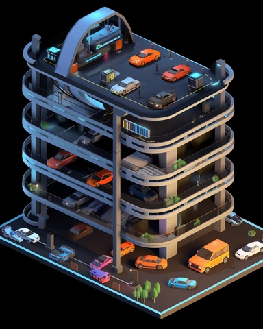 isometric perspective, game sprite, futuristic hovercraft parking garage concept, gaming asset, sci-fi, fun, creative, cartoon, clipart, hyper-detailed, black background,