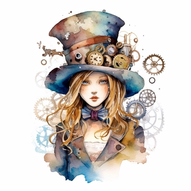 An alice in wonderland character , watercolor steampunk style, white background, clipart
