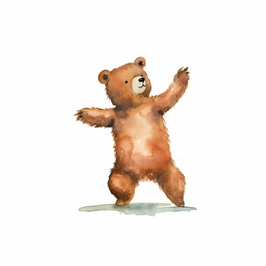 a minimal watercolor clipart of a brown teddy bear dancing, white background