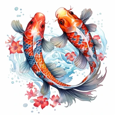Fantasy dreamlike Koi Fishes Clipart, Watercolor Cartoon, hyper realistic, intricate detail, illustration style, high resolution, on the white background