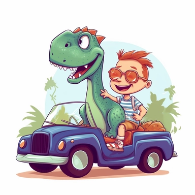 Character Dinosaur rides in a convertible, car without a roof, no background, kids style, 2D, vector, good quality, Pixar children's book illustration, vector, cartoon character, hand drawing, clipart