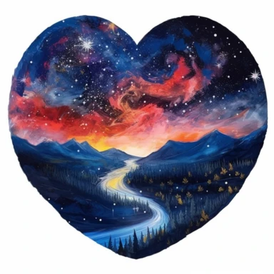 painting of a heart with a night sky inside of it, in the style of enchanting realms, nature-inspired installations, bloomcore, mesmerizing colorscapes, skillful, fluid and organic, clipart, blank white background