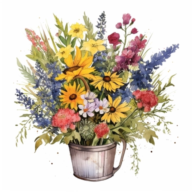 Watercolour Meadow-Inspired bouquet Extra large, Create a meadow-inspired arrangement by combining native UK and American flowers that bloom in meadows, Mix cowslips, cornflowers, and red campions from the UK with black-eyed Susans, goldenrods, and butterfly weeds from Americaplanted in a large basket watercolour flower arrangement, clipart, vector, intermingled with greenery, white background, no captions, no vase, flower bed setting, aspect 2:2 repeat 5
