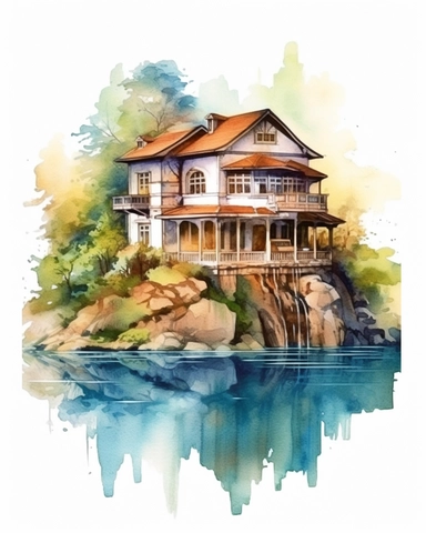 detailed watercolor villa beside a huge flowing river, aeriel shot, realistic, isolated on white background, clipart
