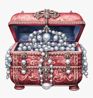 realistic watercolor clipart, an antique jewelry chest with large pearls, marie antoinette-inspired, in the style of hyper-detailed illustrations, nintencore, kushan empire, symbolist mystery, d&d, packed with hidden details, light red and dark azure, clear lines, no background