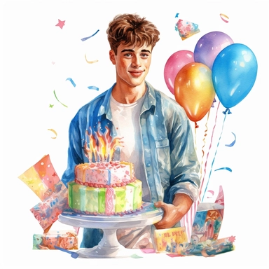 watercolor of a birthday 21 year old boy isolated on a white background, detailed ,realistic ,rtx on,textural richness,colorful imagery,digital illustration, clipart,
