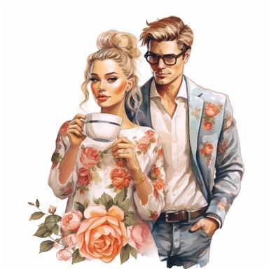 beauty couple drinking coffee, vintage cups, flower digital clipart on white background