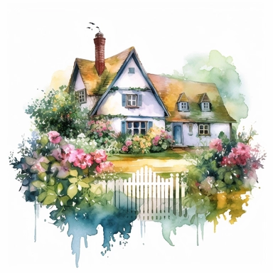 watercolour English cottage garden with a mix of colorful flowers and hedges plain background a png image that can be used as clipart