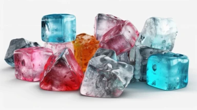 3d render, ice cubes collection, clip art isolated on white background. Frozen water assorted shapes, Bright color, realistic