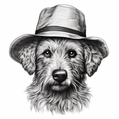 Australian Jungle Terrier wearing hat , vintage, detailed, logo, clean, solid color, black and white color, clip art style, vector style, white background, i can't believe how cool this is