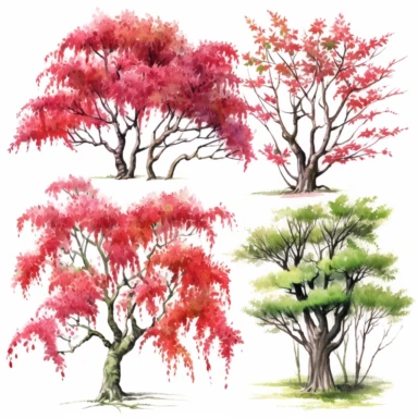 Watercolor, Japanese Maple Trees, old, long branches, Clipart, springtime japanese trees, forest, grass, white background